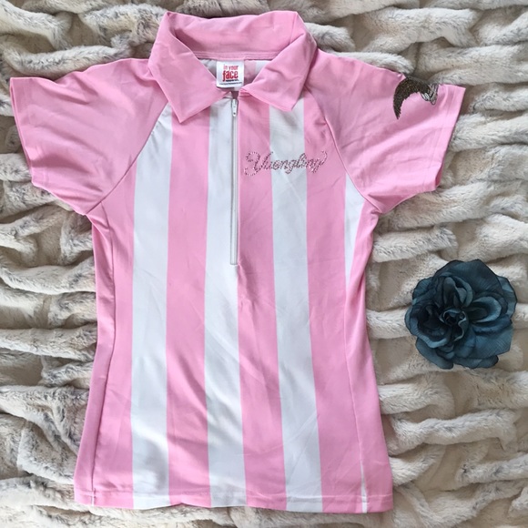In Your Face Pink Striped 1/2 Zip Polo Bowling Top - Picture 9 of 10